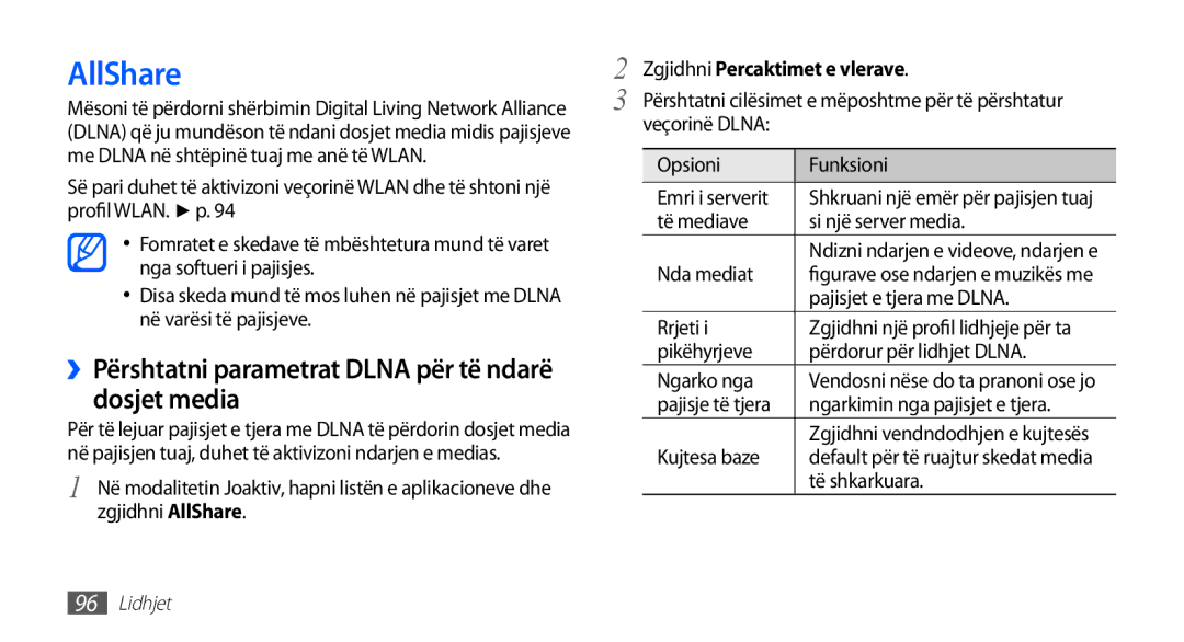 Samsung GT-I9001HKDMKO AllShare, ››Përshtatni parametrat Dlna për të ndarë dosjet media, Zgjidhni Percaktimet e vlerave 