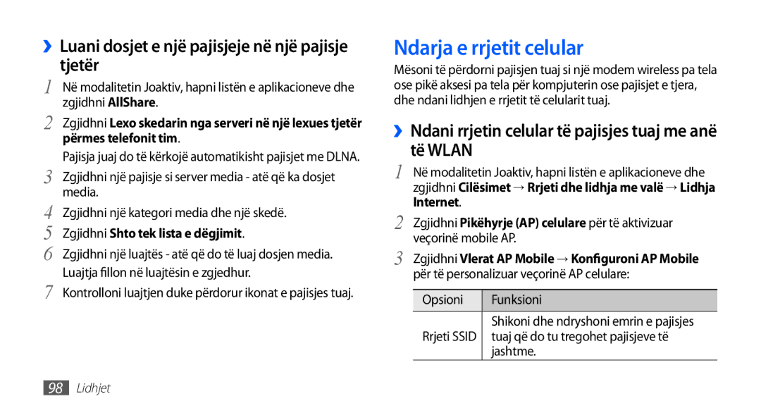 Samsung GT2I9001HKDSMO manual Ndarja e rrjetit celular, ››Luani dosjet e një pajisjeje në një pajisje tjetër, Internet 