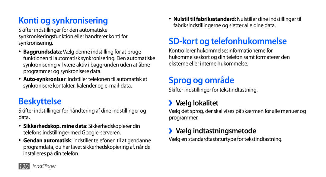 Samsung GT-I9001HKDNEE, GT-I9001UWDNEE Konti og synkronisering, Beskyttelse, SD-kort og telefonhukommelse, Sprog og område 