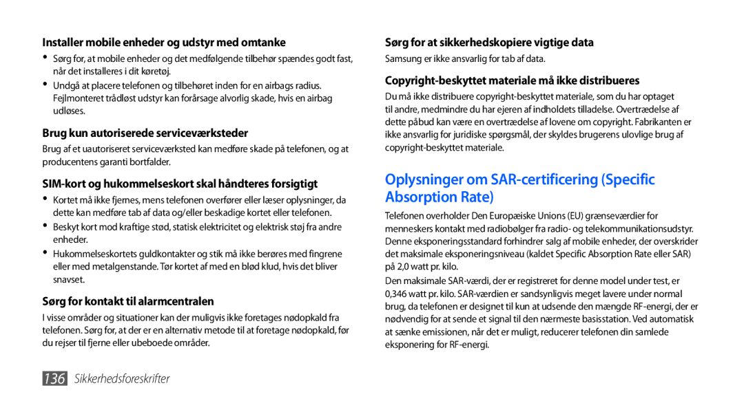 Samsung GT-I9001UWDNEE, GT-I9001HKDNEE, GT-I9001RWDNEE manual Oplysninger om SAR-certificering Specific Absorption Rate 