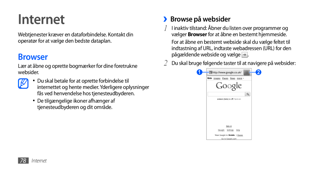 Samsung GT-I9001HKDNEE manual Browser, ››Browse på websider, Du skal bruge følgende taster til at navigere på websider 