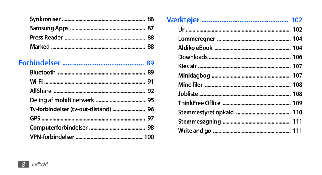 Samsung GT-I9001RWDNEE, GT-I9001HKDNEE, GT-I9001UWDNEE manual Værktøjer 