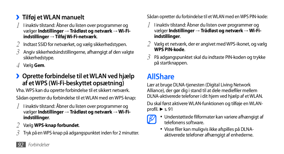 Samsung GT-I9001RWDNEE manual AllShare, ››Tilføj et Wlan manuelt, Vælg WPS-knap forbundet, WPS PIN-kode, På startknappen 