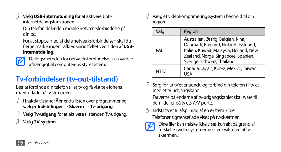 Samsung GT-I9001HKDNEE, GT-I9001UWDNEE, GT-I9001RWDNEE manual Tv-forbindelser tv-out-tilstand 