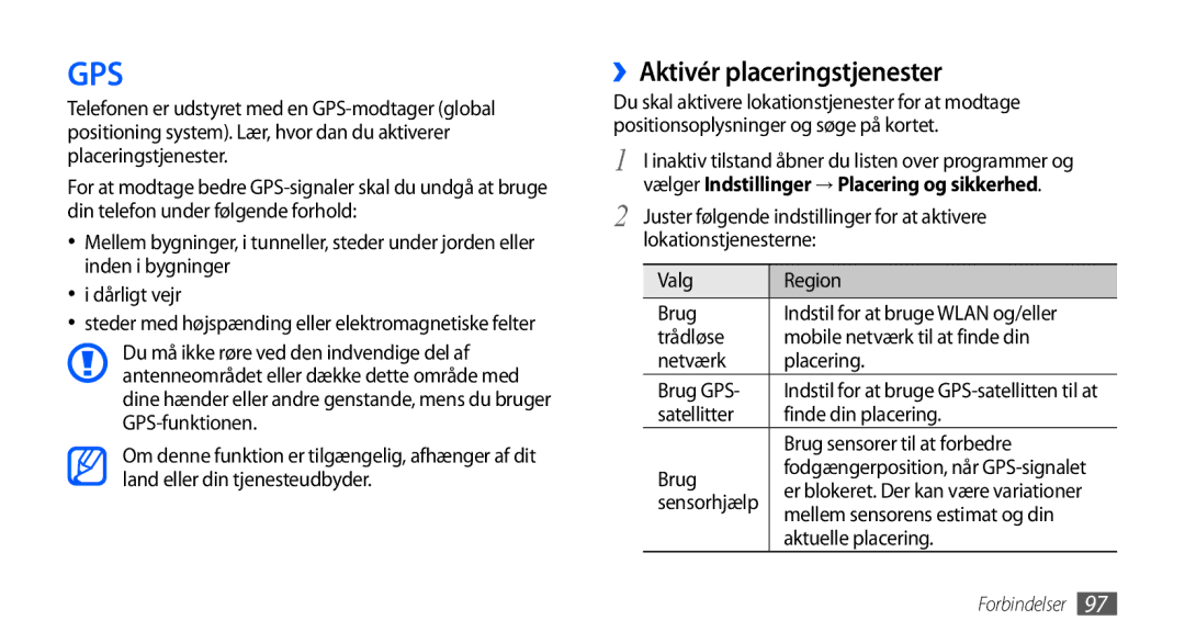 Samsung GT-I9001UWDNEE, GT-I9001HKDNEE, GT-I9001RWDNEE manual Gps, ››Aktivér placeringstjenester 