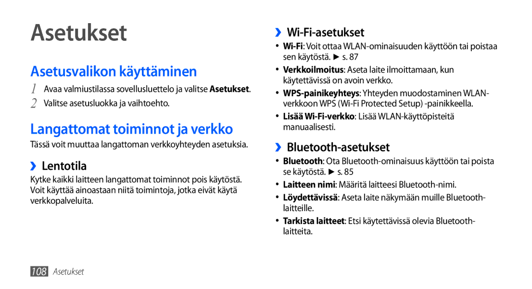 Samsung GT-I9001HKDNEE, GT-I9001UWDNEE manual Asetukset, Asetusvalikon käyttäminen, Langattomat toiminnot ja verkko 