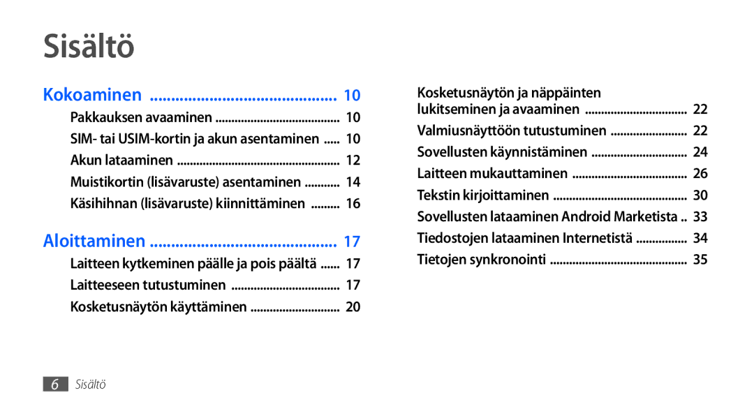 Samsung GT-I9001HKDNEE, GT-I9001UWDNEE, GT-I9001RWDNEE manual Sisältö, Kosketusnäytön ja näppäinten 