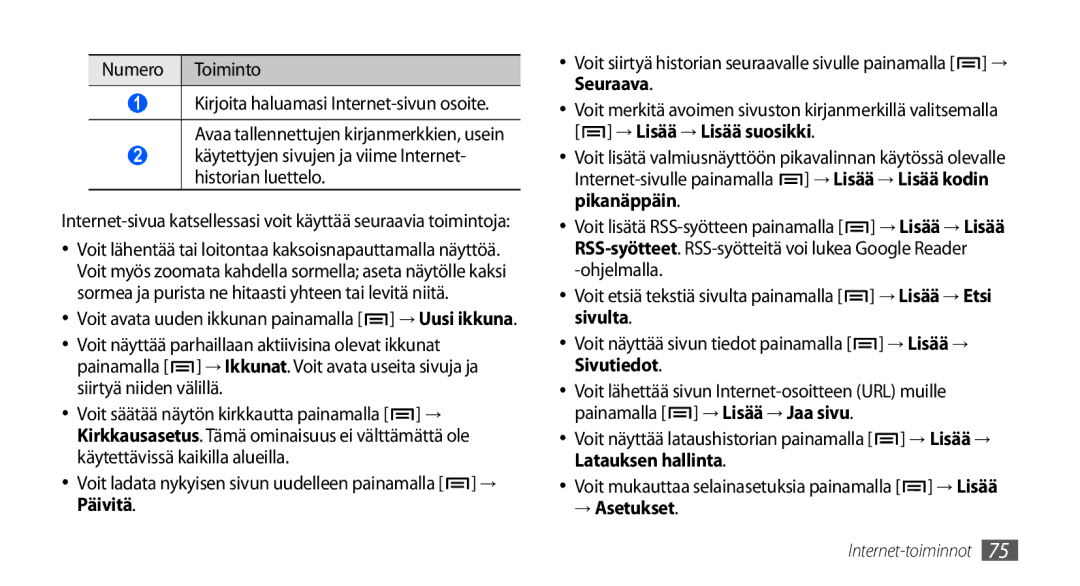 Samsung GT-I9001HKDNEE manual Käytettyjen sivujen ja viime Internet- historian luettelo, Siirtyä niiden välillä, Päivitä 