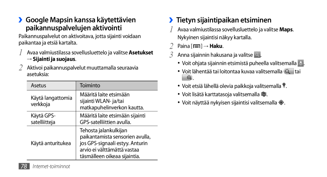 Samsung GT-I9001HKDNEE, GT-I9001UWDNEE, GT-I9001RWDNEE manual ››Tietyn sijaintipaikan etsiminen, → Haku 