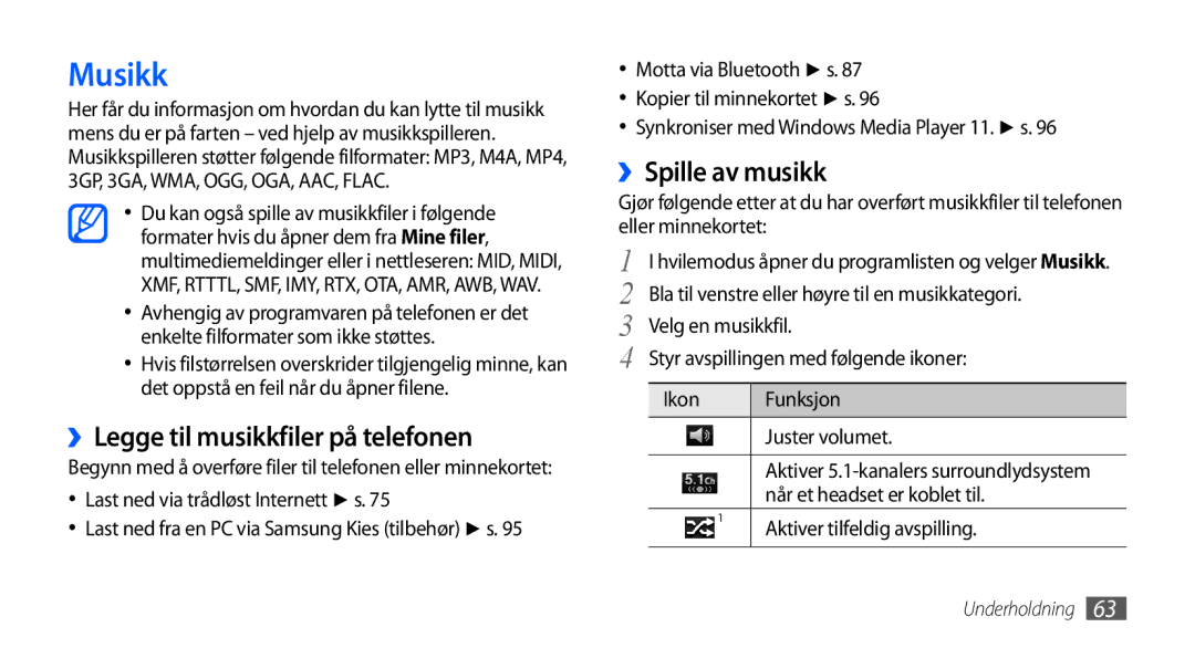 Samsung GT-I9001HKDNEE, GT-I9001UWDNEE, GT-I9001RWDNEE Musikk, ››Legge til musikkfiler på telefonen, ››Spille av musikk 