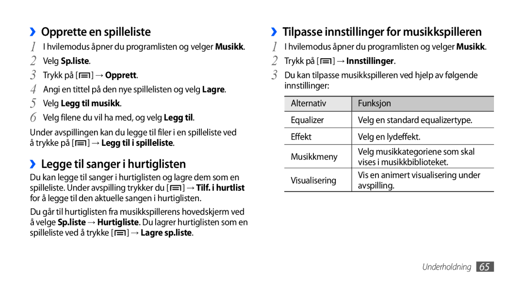 Samsung GT-I9001RWDNEE, GT-I9001HKDNEE, GT-I9001UWDNEE manual ››Opprette en spilleliste, ››Legge til sanger i hurtiglisten 