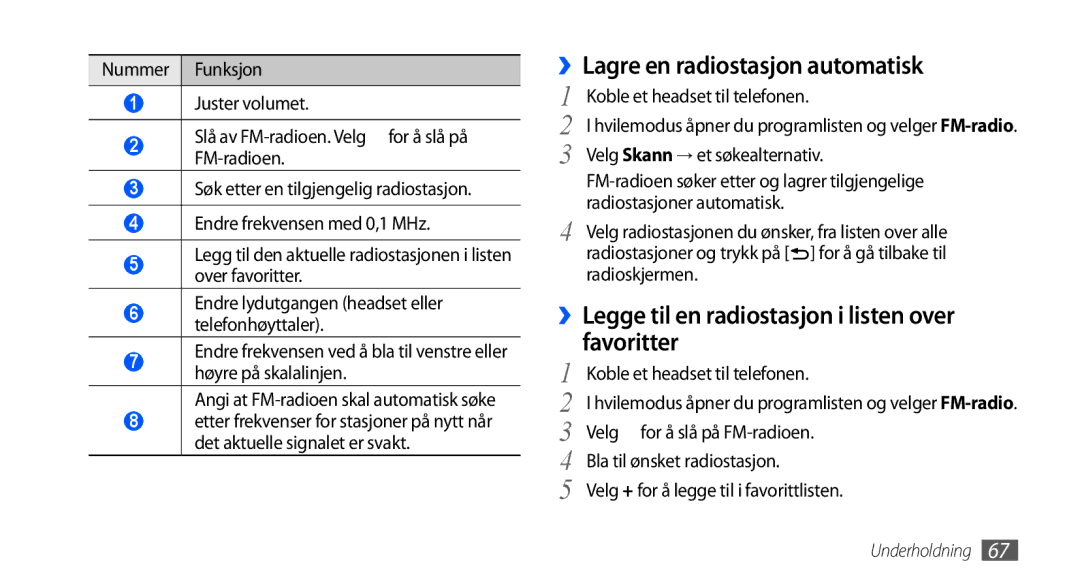 Samsung GT-I9001UWDNEE manual ››Lagre en radiostasjon automatisk, ››Legge til en radiostasjon i listen over favoritter 