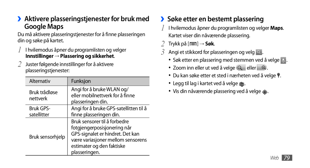 Samsung GT-I9001UWDNEE manual Google Maps, ››Søke etter en bestemt plassering, ››Aktivere plasseringstjenester for bruk med 