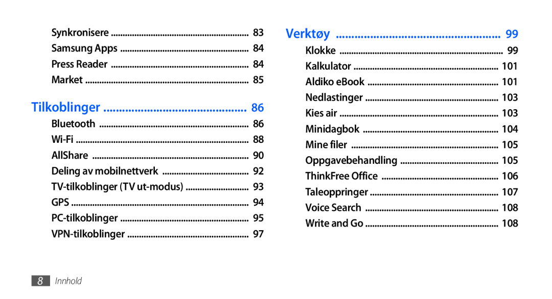 Samsung GT-I9001RWDNEE, GT-I9001HKDNEE, GT-I9001UWDNEE manual Tilkoblinger 