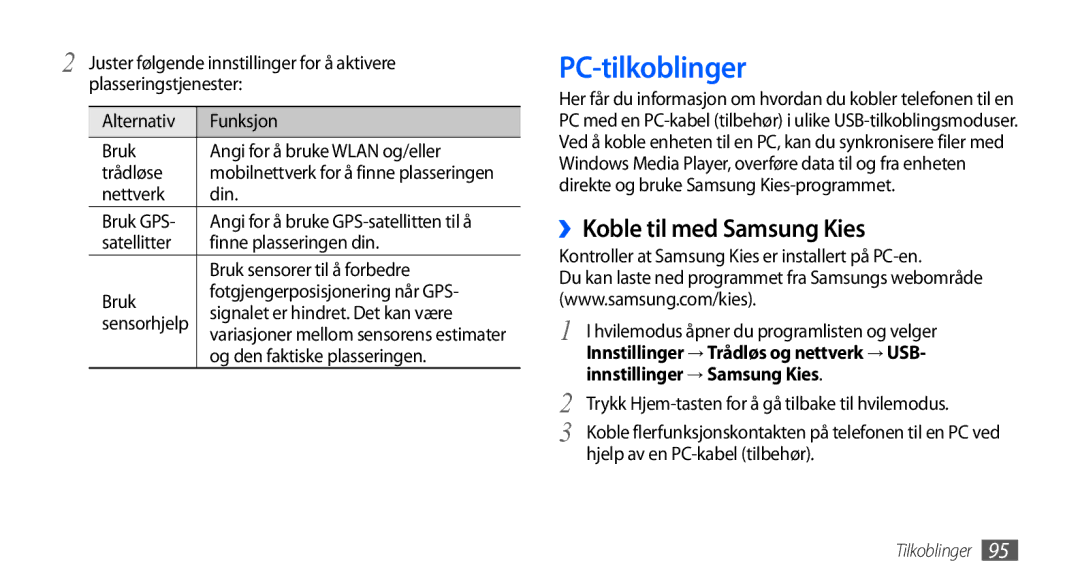 Samsung GT-I9001RWDNEE manual PC-tilkoblinger, ››Koble til med Samsung Kies, Innstillinger → Trådløs og nettverk → USB 