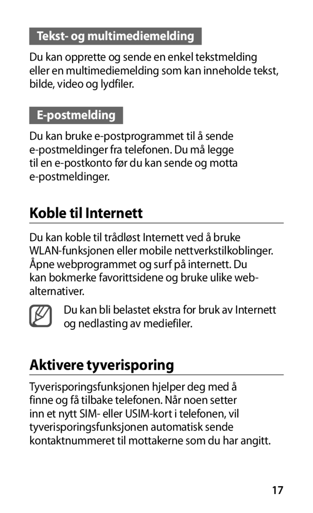 Samsung GT-I9001HKDNEE manual Koble til Internett, Aktivere tyverisporing, Tekst- og multimediemelding, Postmelding 