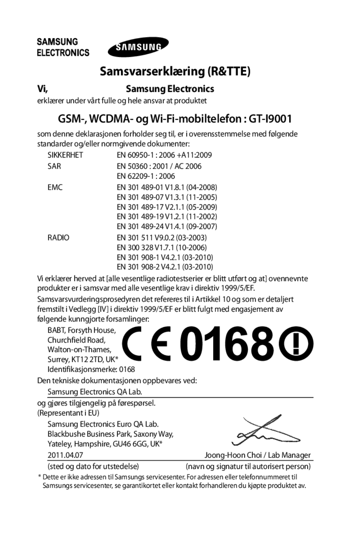 Samsung GT-I9001HKDNEE manual GSM-, WCDMA- og Wi-Fi-mobiltelefon GT-I9001, Samsung Electronics 