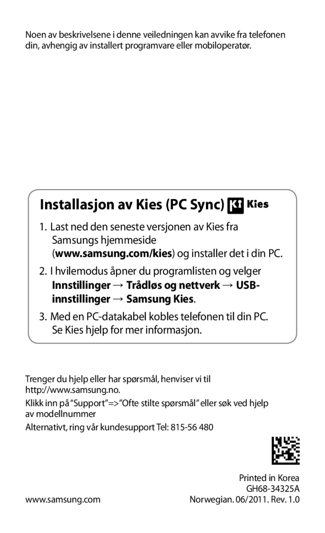 Samsung GT-I9001HKDNEE manual Installasjon av Kies PC Sync 