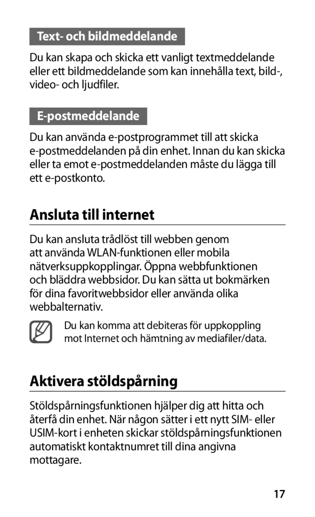 Samsung GT-I9001HKDNEE manual Ansluta till internet, Aktivera stöldspårning, Text- och bildmeddelande, Postmeddelande 