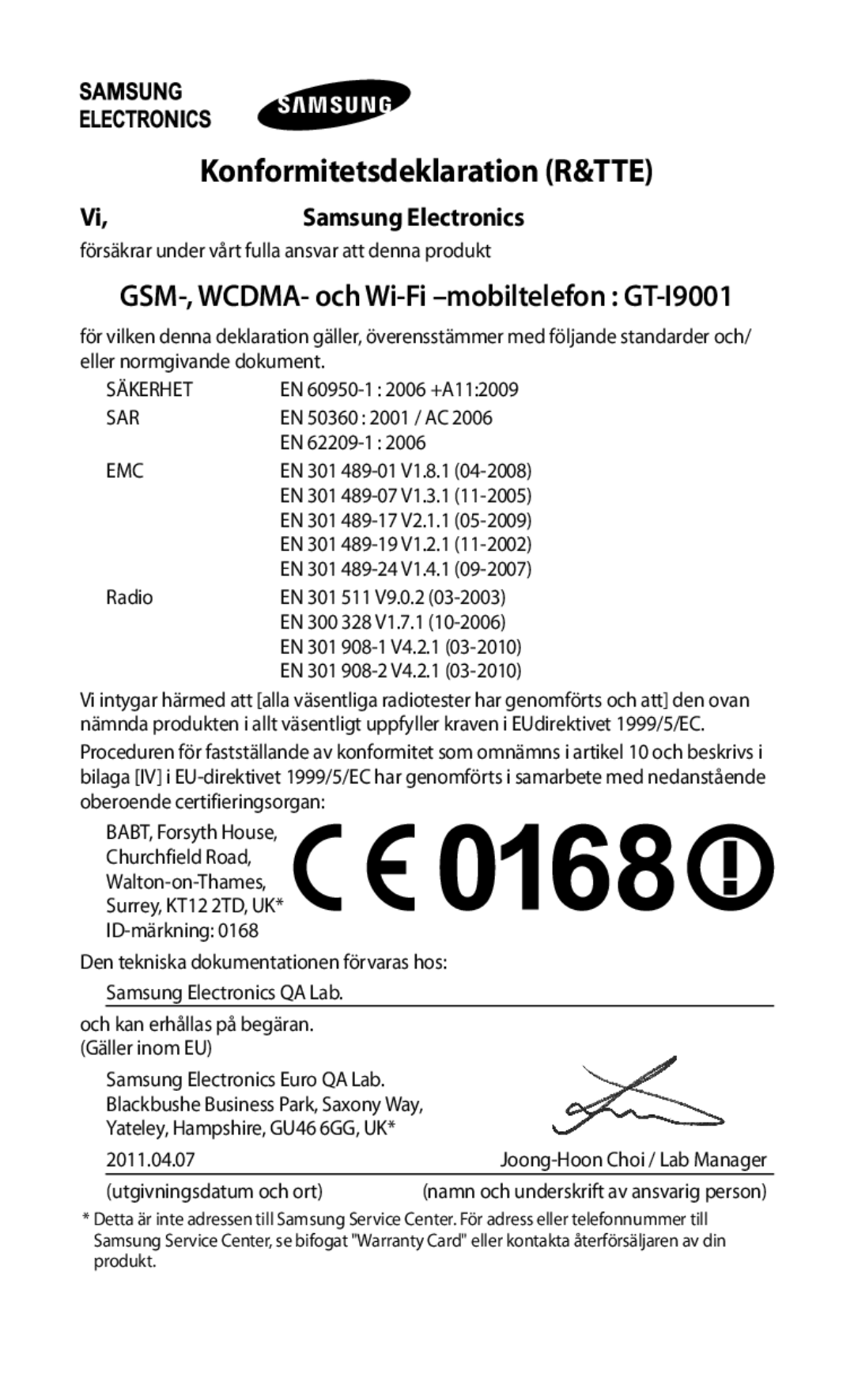 Samsung GT-I9001HKDNEE manual GSM-, WCDMA- och Wi-Fi -mobiltelefon GT-I9001, Samsung Electronics 