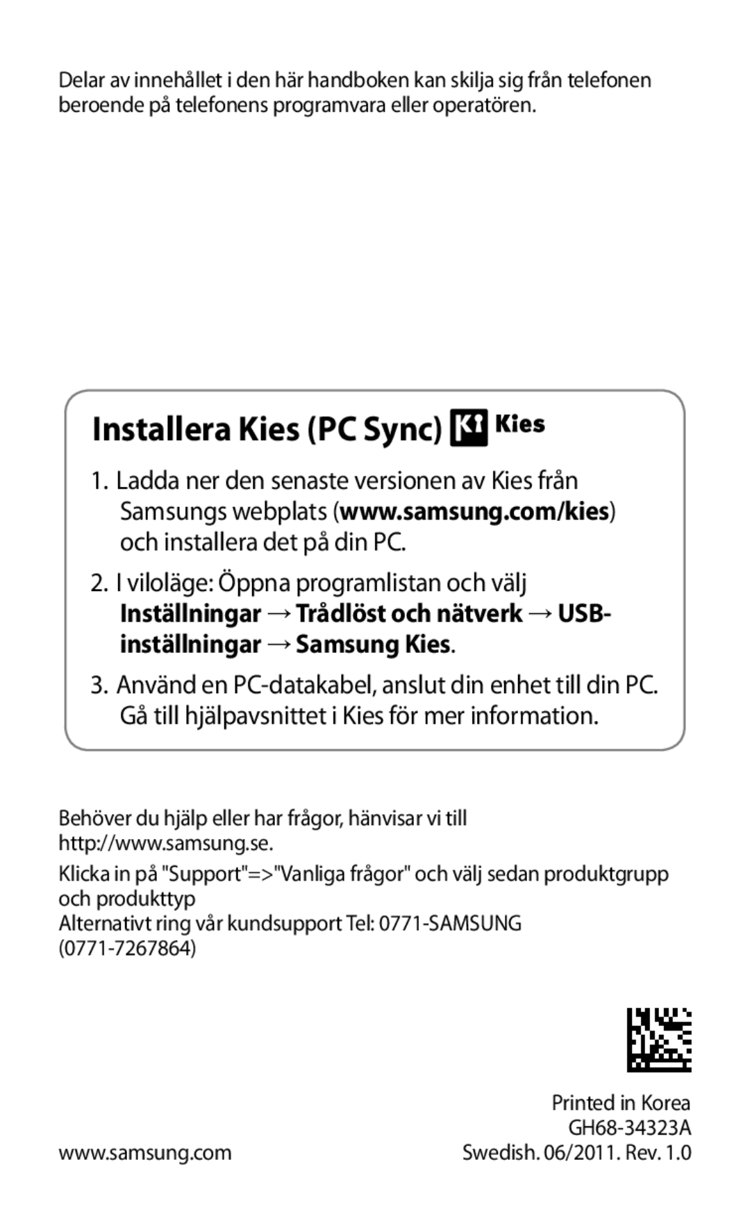 Samsung GT-I9001HKDNEE manual Installera Kies PC Sync 