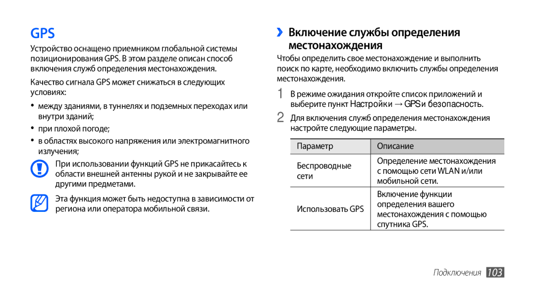 Samsung GT-I9001RWASER ››Включение службы определения местонахождения, Параметр Описание Беспроводные, Включение функции 