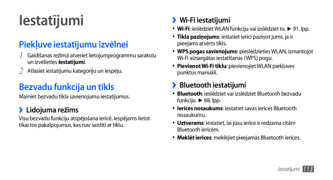 Samsung GT-I9001HKDSEB manual Iestatījumi, Piekļuve iestatījumu izvēlnei, Bezvadu funkcija un tīkls 