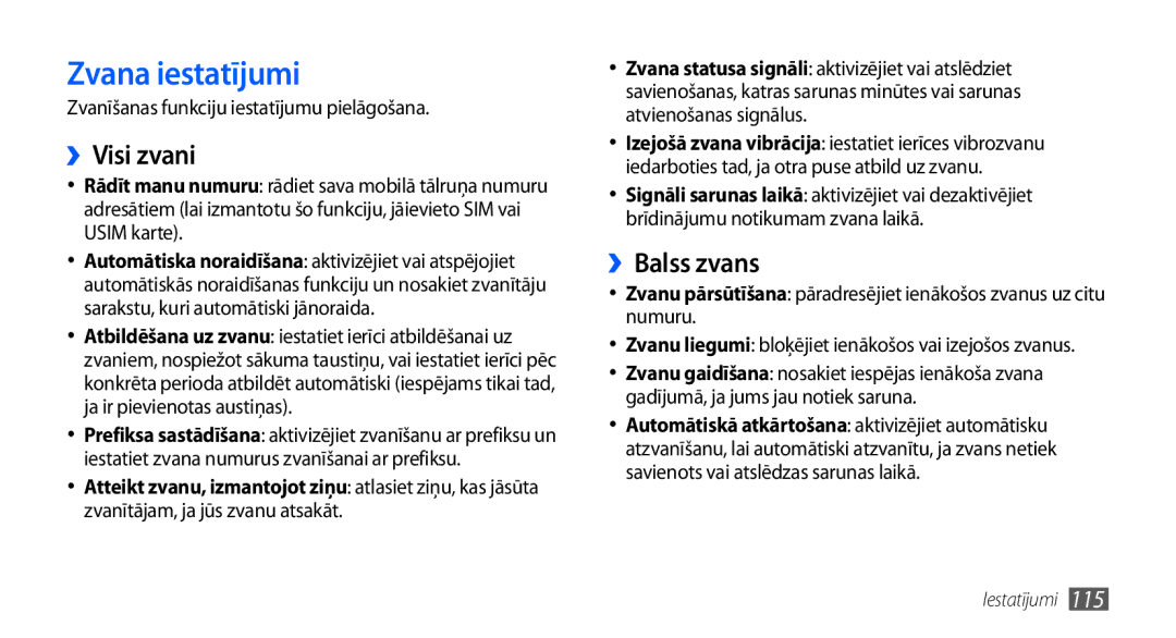 Samsung GT-I9001HKDSEB manual Zvana iestatījumi, ››Visi zvani, ››Balss zvans, Zvanīšanas funkciju iestatījumu pielāgošana 