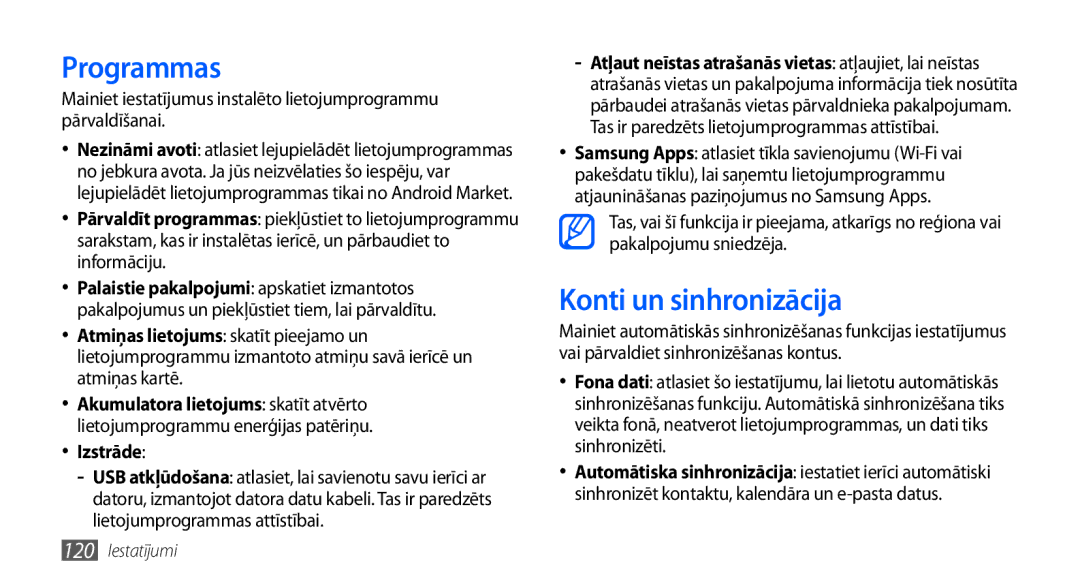 Samsung GT-I9001HKDSEB manual Programmas, Konti un sinhronizācija, Izstrāde 