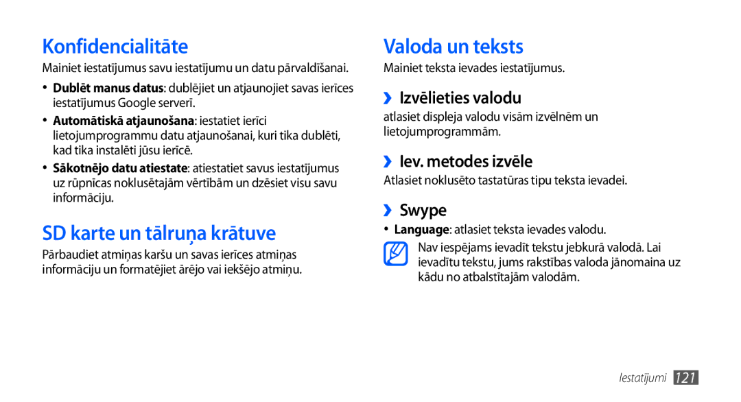 Samsung GT-I9001HKDSEB manual Konfidencialitāte, SD karte un tālruņa krātuve, Valoda un teksts 