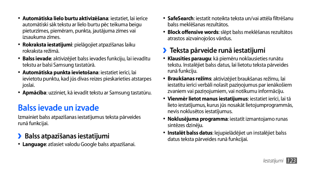 Samsung GT-I9001HKDSEB manual Balss ievade un izvade, ››Balss atpazīšanas iestatījumi, ››Teksta pārveide runā iestatījumi 