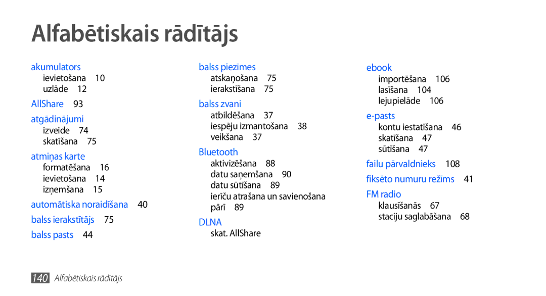 Samsung GT-I9001HKDSEB manual Alfabētiskais rādītājs, Ierīču atrašana un savienošana pārī , Skat. AllShare 