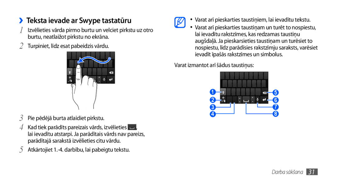 Samsung GT-I9001HKDSEB manual ››Teksta ievade ar Swype tastatūru, Varat izmantot arī šādus taustiņus 