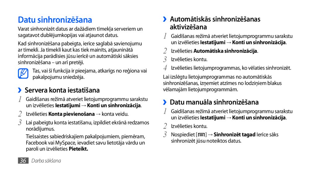 Samsung GT-I9001HKDSEB manual Datu sinhronizēšana, ››Servera konta iestatīšana, ››Datu manuāla sinhronizēšana 