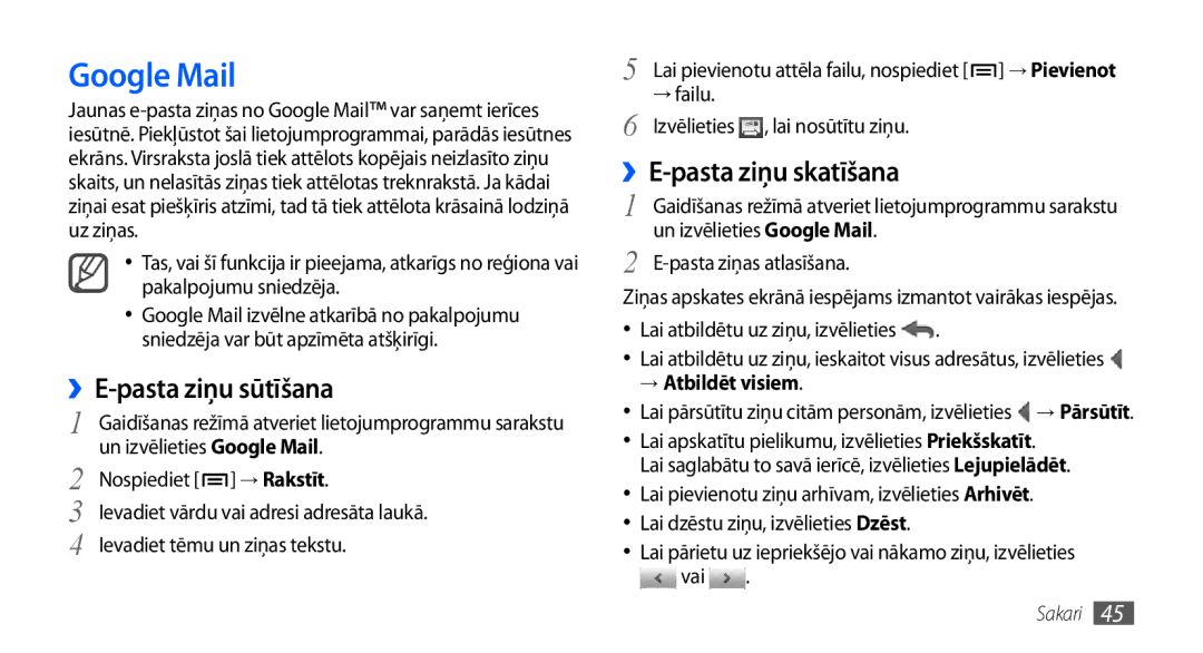 Samsung GT-I9001HKDSEB manual Google Mail, ››E-pasta ziņu sūtīšana, ››E-pasta ziņu skatīšana, → Atbildēt visiem 