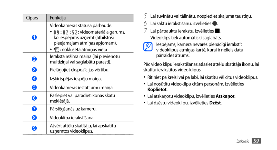 Samsung GT-I9001HKDSEB manual Cipars Funkcija Videokameras statusa pārbaude, Videoklips tiek automātiski saglabāts 