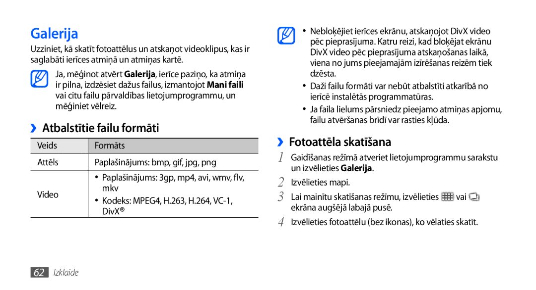 Samsung GT-I9001HKDSEB manual Galerija, ››Atbalstītie failu formāti, ››Fotoattēla skatīšana 