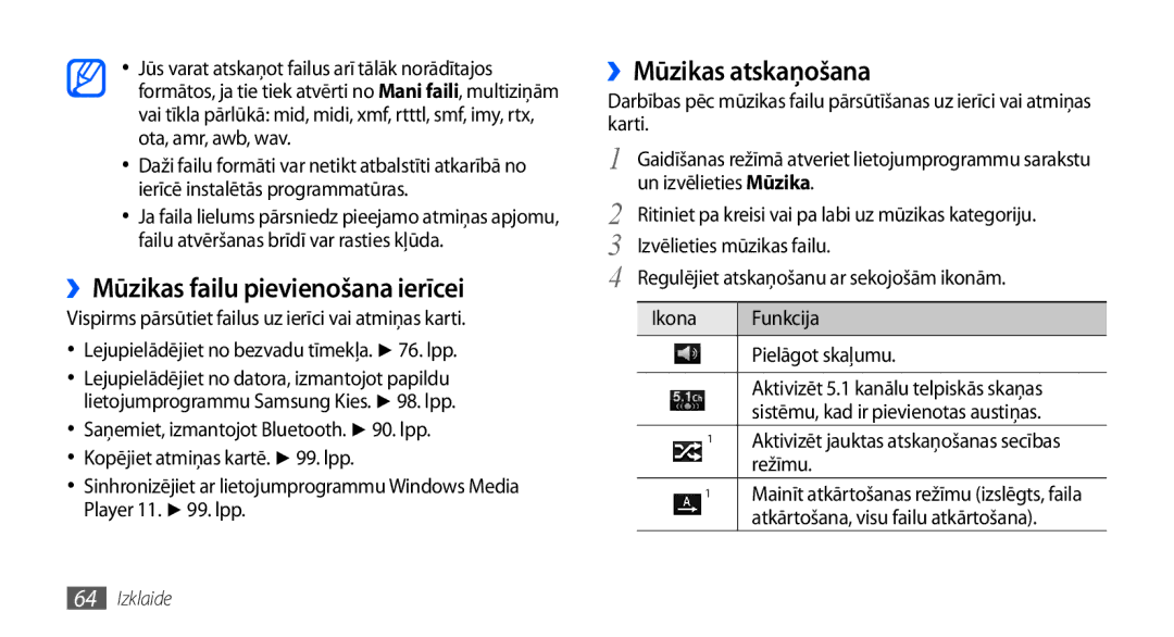 Samsung GT-I9001HKDSEB manual ››Mūzikas failu pievienošana ierīcei, ››Mūzikas atskaņošana 