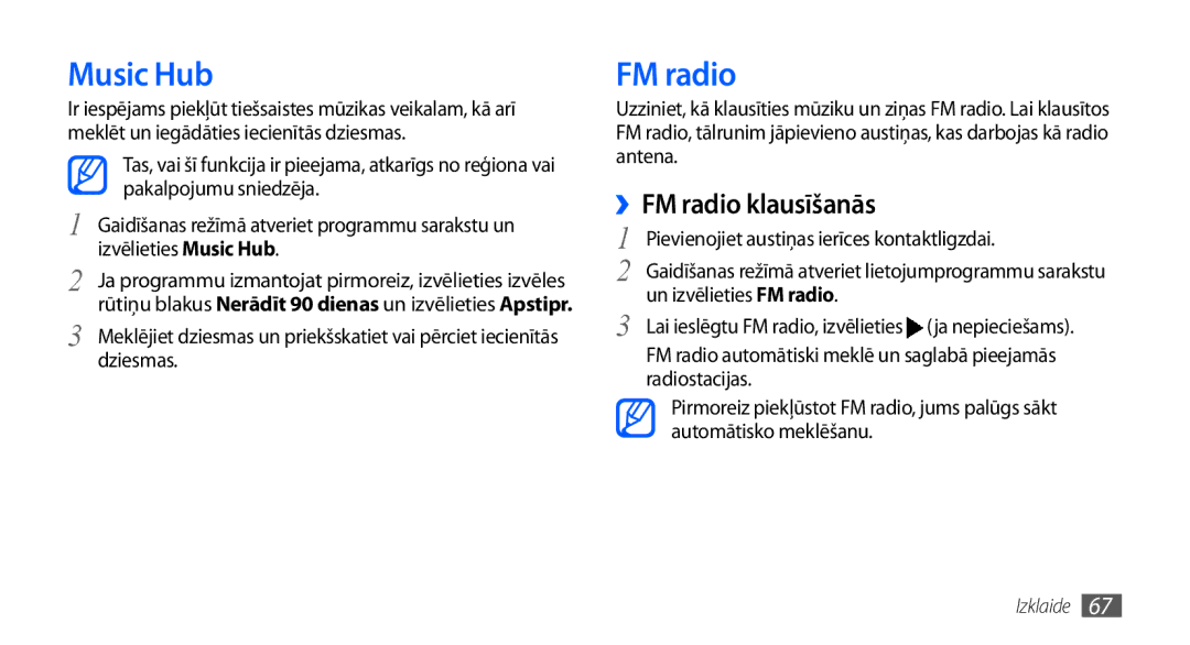 Samsung GT-I9001HKDSEB manual Music Hub, ››FM radio klausīšanās 