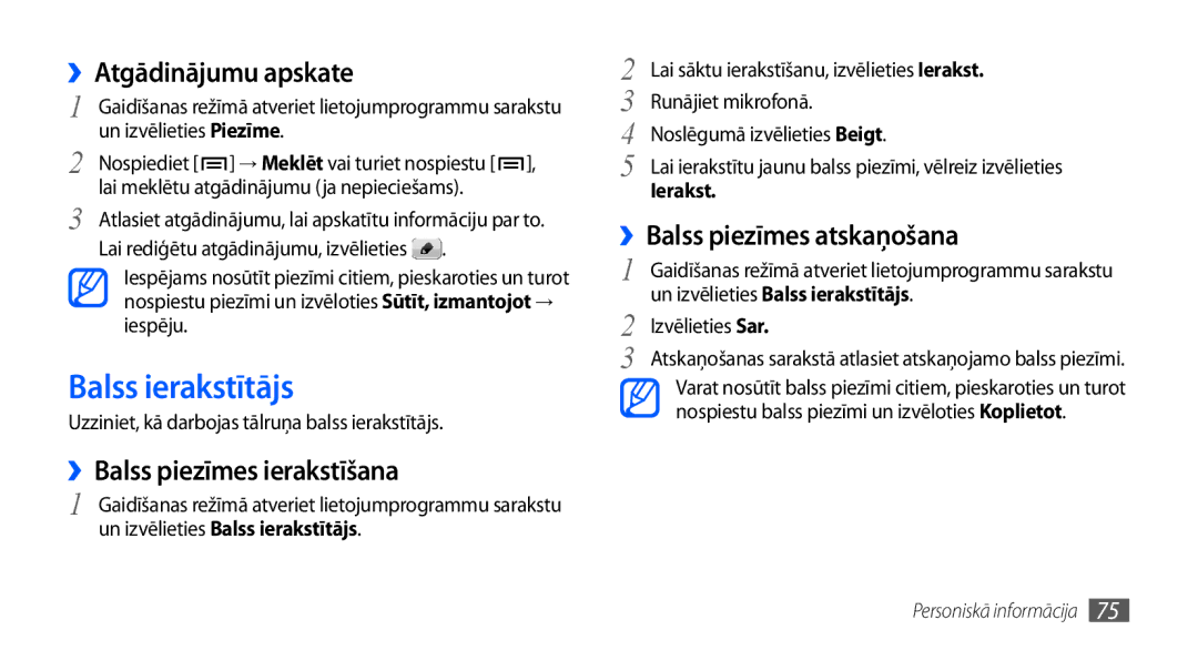 Samsung GT-I9001HKDSEB manual Balss ierakstītājs, ››Atgādinājumu apskate, ››Balss piezīmes ierakstīšana 