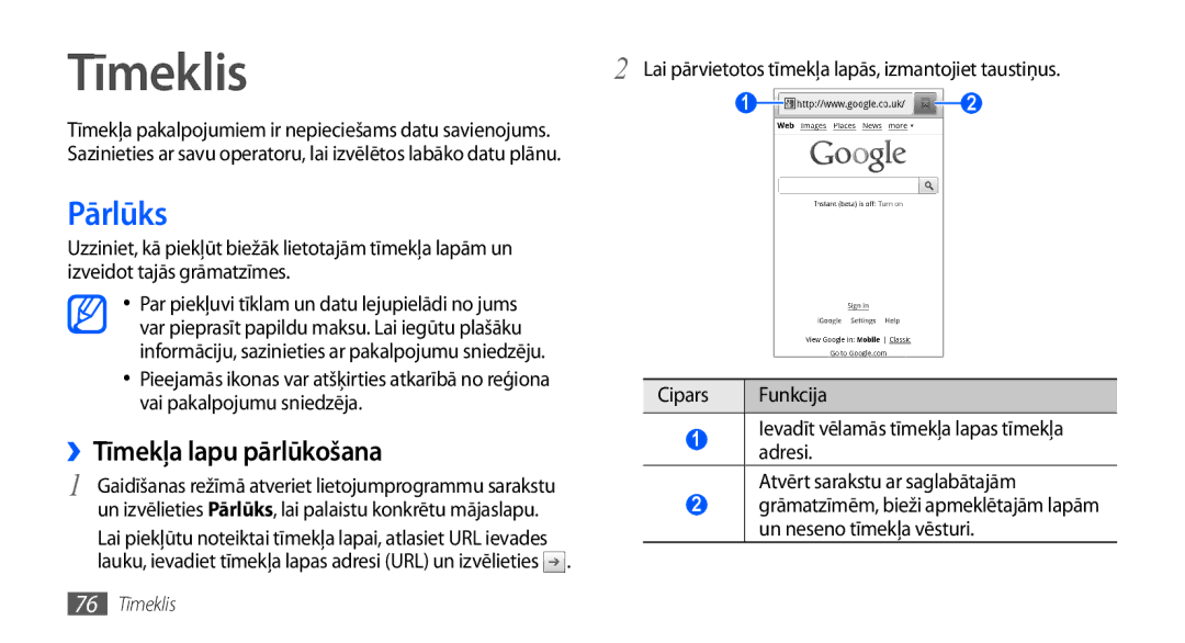 Samsung GT-I9001HKDSEB manual Tīmeklis, Pārlūks, ››Tīmekļa lapu pārlūkošana 