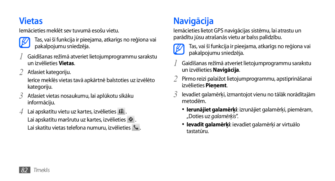 Samsung GT-I9001HKDSEB manual Vietas, Navigācija 