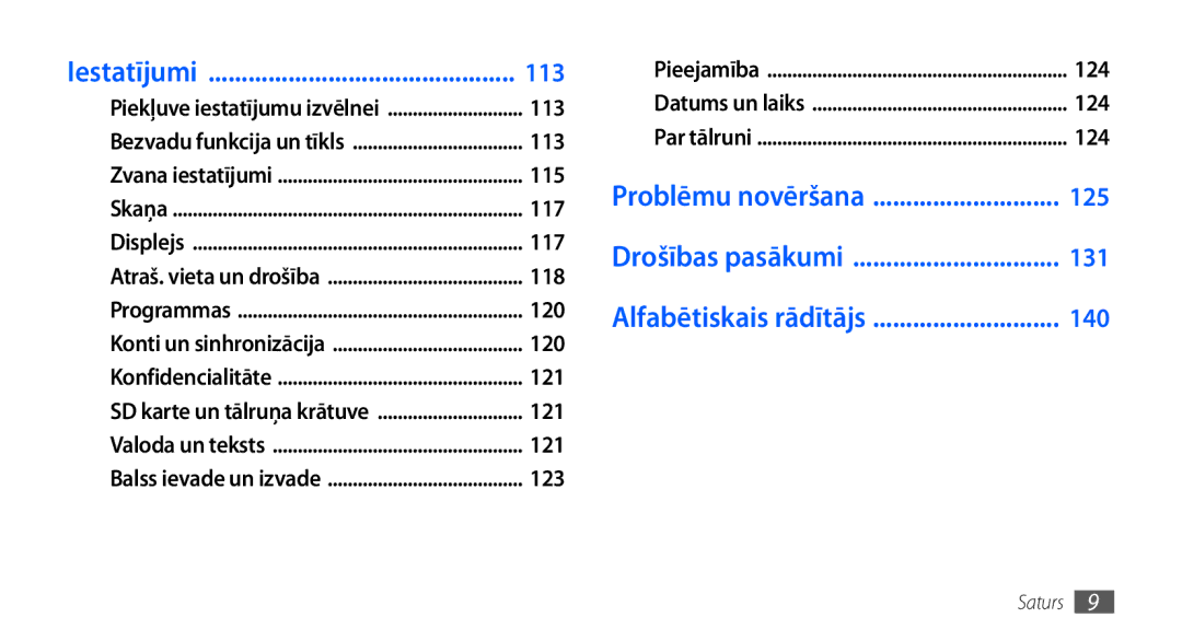 Samsung GT-I9001HKDSEB manual 113, 124, Problēmu novēršana 125, 131, Alfabētiskais rādītājs 140 