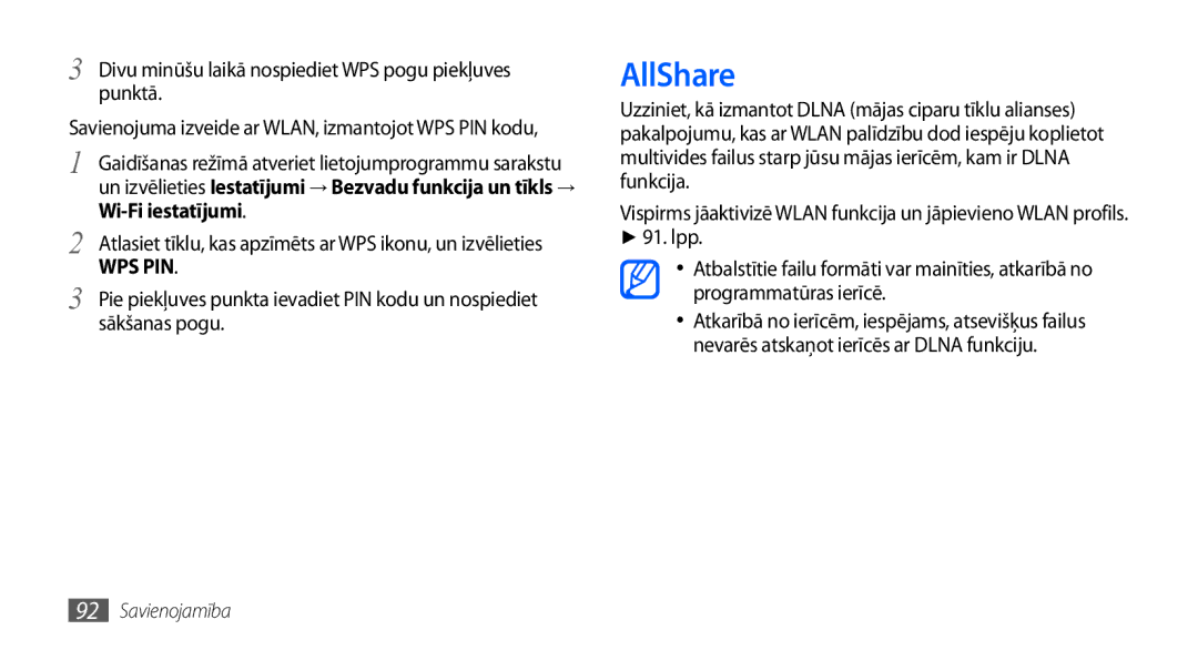 Samsung GT-I9001HKDSEB manual AllShare, Divu minūšu laikā nospiediet WPS pogu piekļuves punktā, Sākšanas pogu 