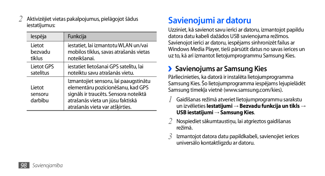 Samsung GT-I9001HKDSEB manual Savienojumi ar datoru, ››Savienojums ar Samsung Kies 