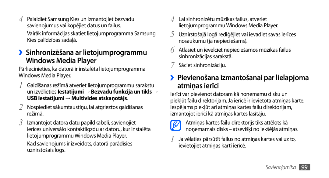 Samsung GT-I9001HKDSEB manual Windows Media Player, ››Pievienošana izmantošanai par lielapjoma atmiņas ierīci 