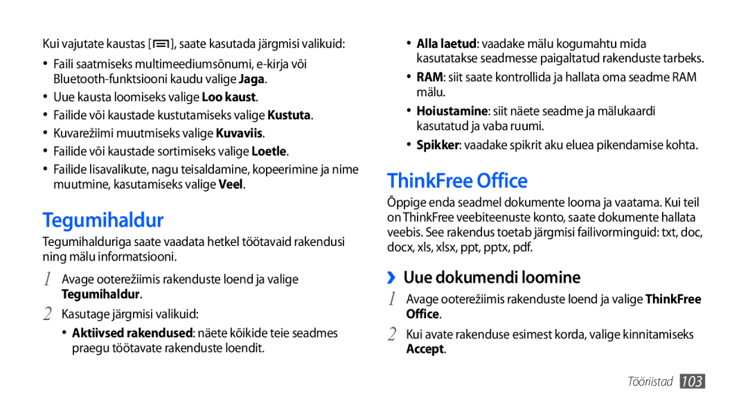 Samsung GT-I9001HKDSEB manual Tegumihaldur, ThinkFree Office, ››Uue dokumendi loomine 