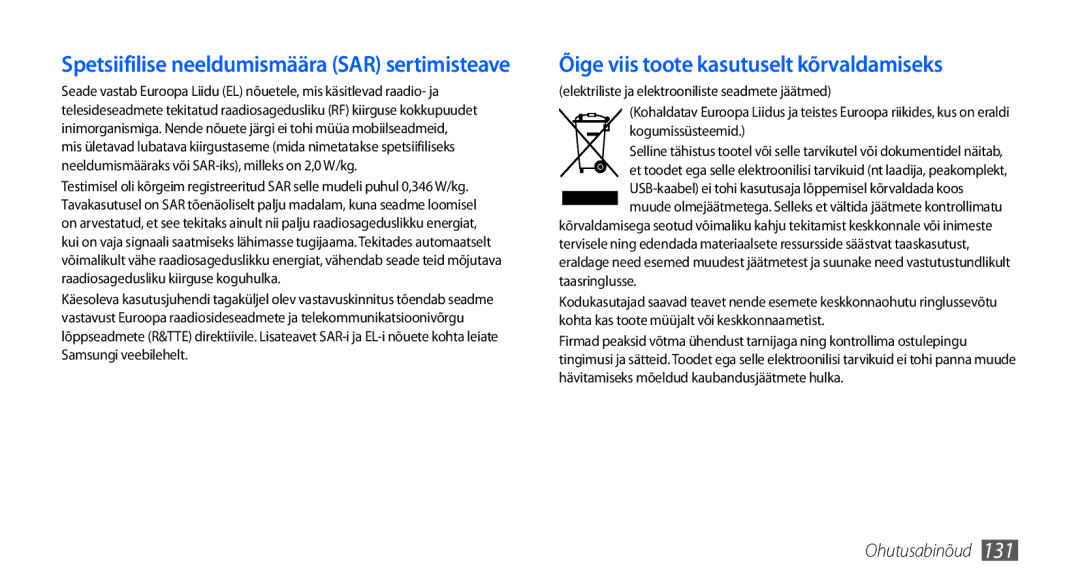 Samsung GT-I9001HKDSEB manual Õige viis toote kasutuselt kõrvaldamiseks 