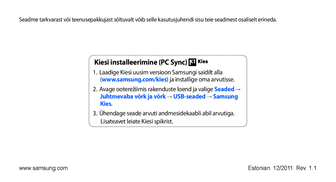 Samsung GT-I9001HKDSEB manual Kiesi installeerimine PC Sync 