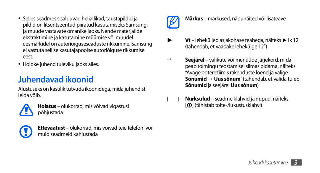 Samsung GT-I9001HKDSEB manual Juhendavad ikoonid, Hoidke juhend tuleviku jaoks alles, Tähistab toite-/lukustusklahvi 